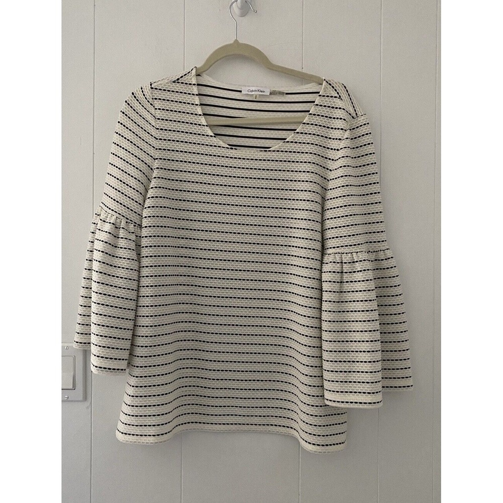 Calvin Klein Women's Top Size M Ivory Striped Round Neck Long Bell Sleeve - Picture 3 of 8